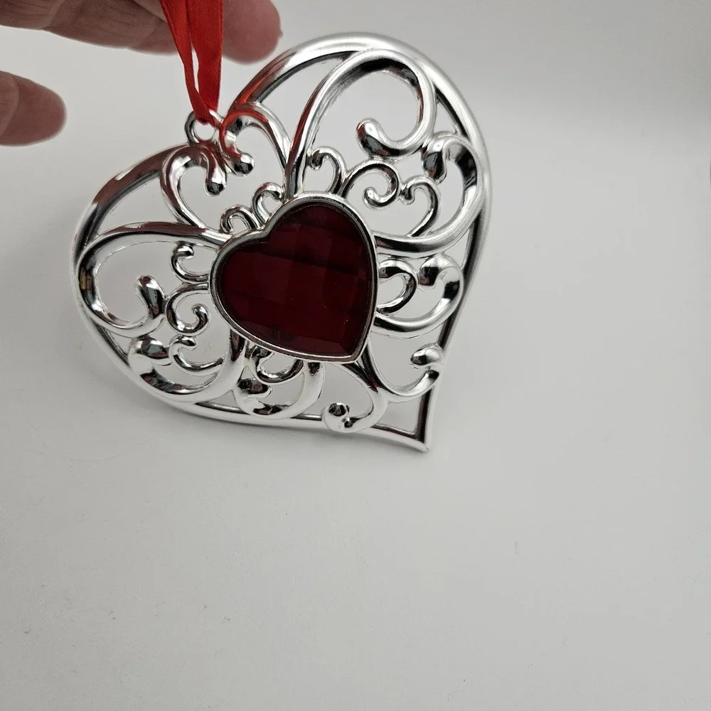 Lenox Silverplate Angel & Heart Hanging Ornaments Set of 2, Silver/Red Christmas